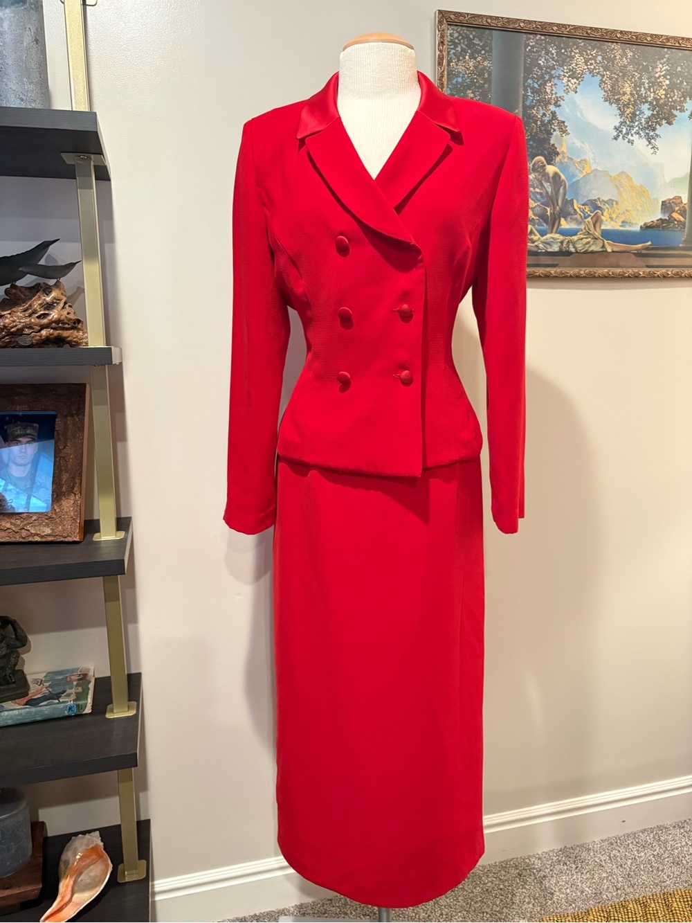 1990’s Classic Red Women's Double-Breasted Skirt Suit By Plaza South